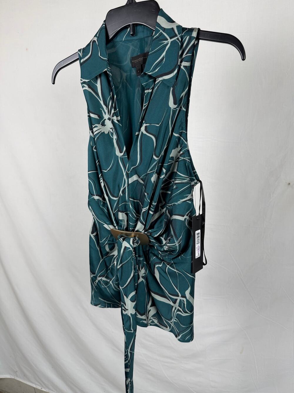 Donna Karan NY Green Abstract Print Sleeveless Collared Tie Front Top Size 6 NWT